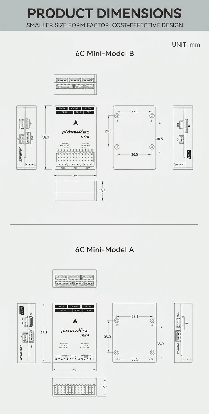 Holybro Pixhawk 6C Mini product dimensions Model A and Model B in mm