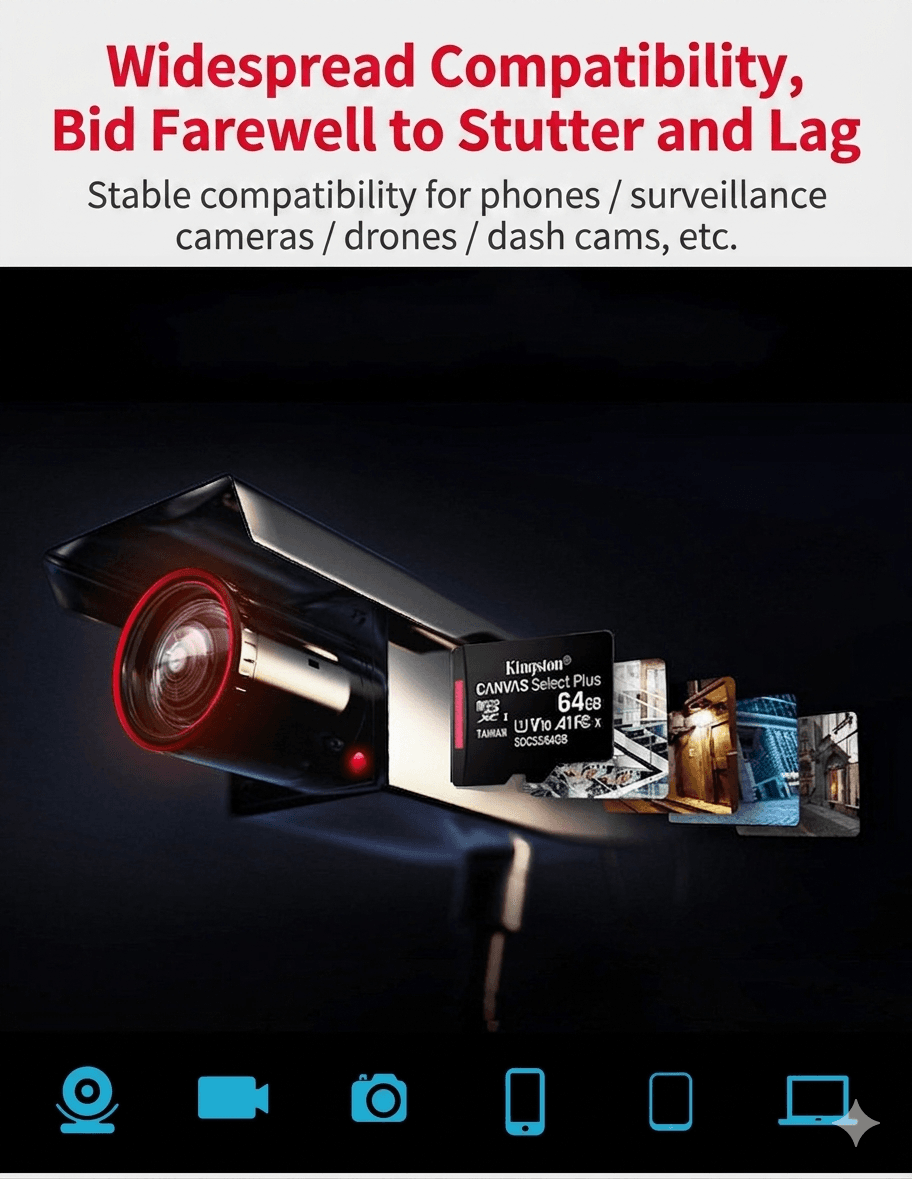 Kingston Canvas Select Plus widespread compatibility with phones surveillance cameras drones dash cams